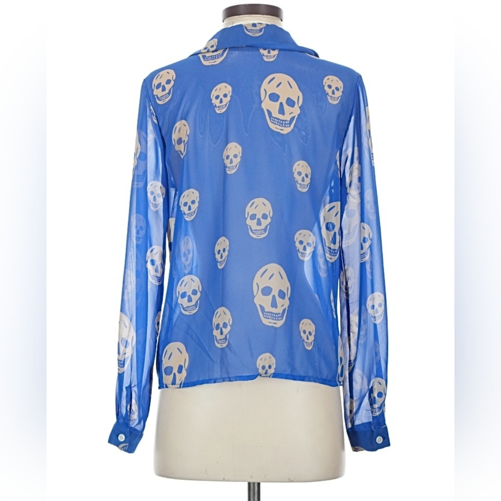 Vintage Havana Blue Skull Print Sheer Chiffon Tie Front Blouse Small - Picture 2 of 6